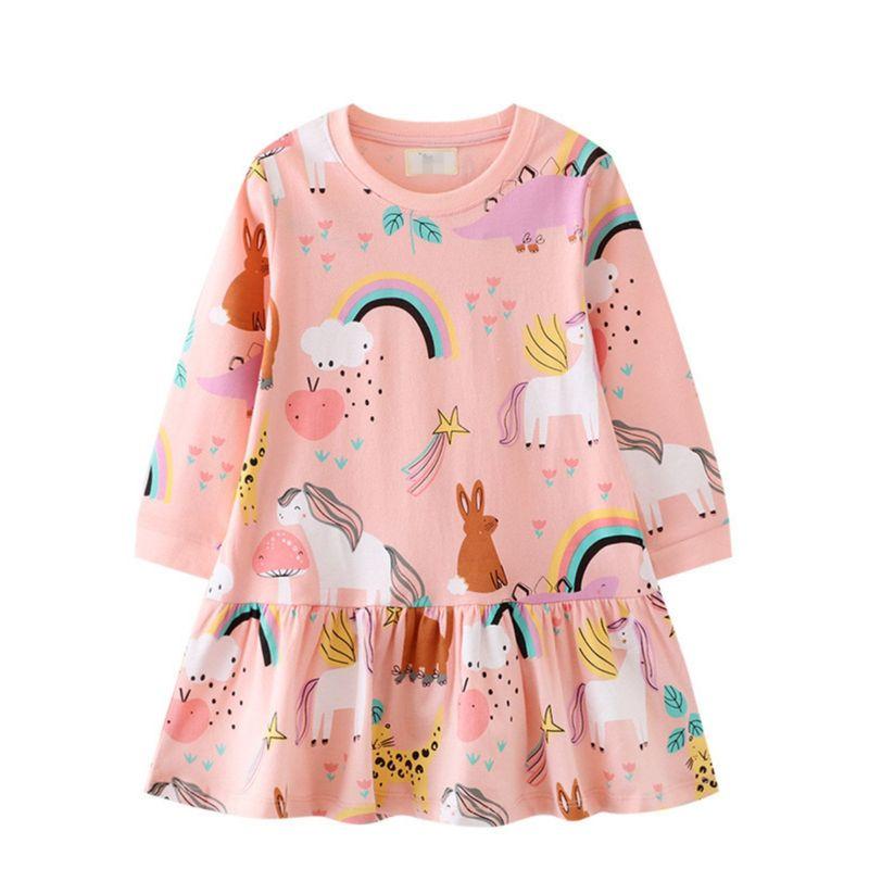 Foreign Trade Children's Clothing Pink Unicorn Girls' Dress Autum New Style Kidsren's Pure Cotton Long-Sleeved Princess Dress for Babies