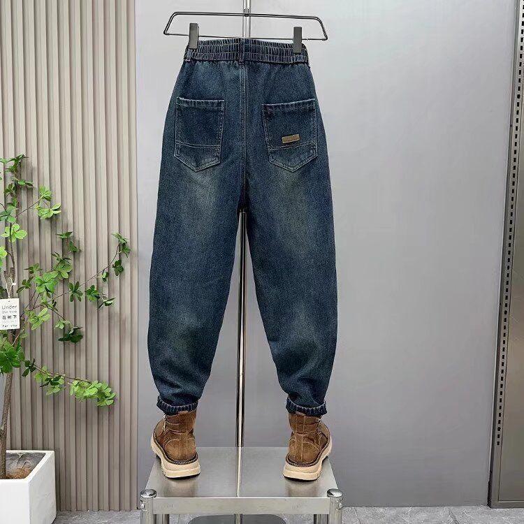 JYL Mens Jeans American High Street Trendy Casual Straight Elastic Cropped Wide Leg Denim