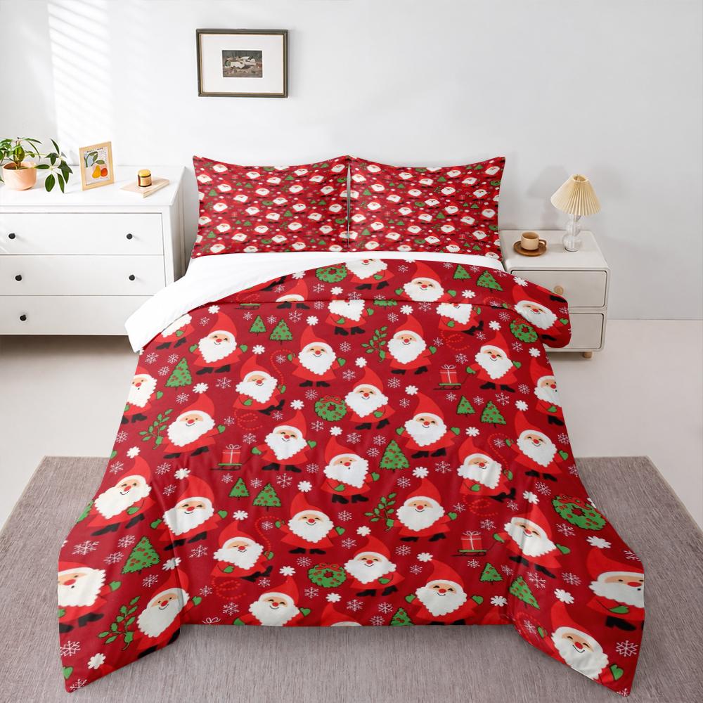 Cute Santa Claus Christmas Pattern Bedding set (1 duvet cover, 2 pillowcases, duvet not included), Red Cartoon Art Print