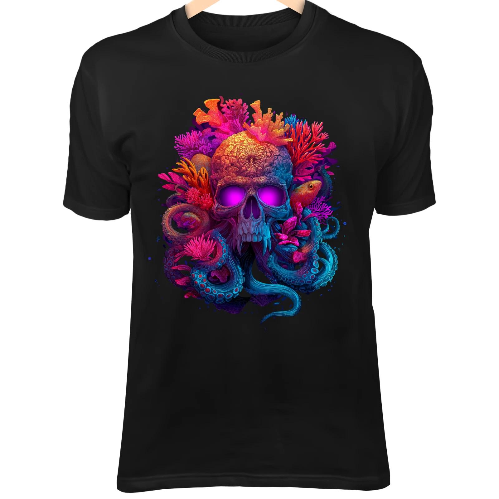 Colorful Skull Octopus III Shirt - Coral Tentacles and Purple Glow Eyes S