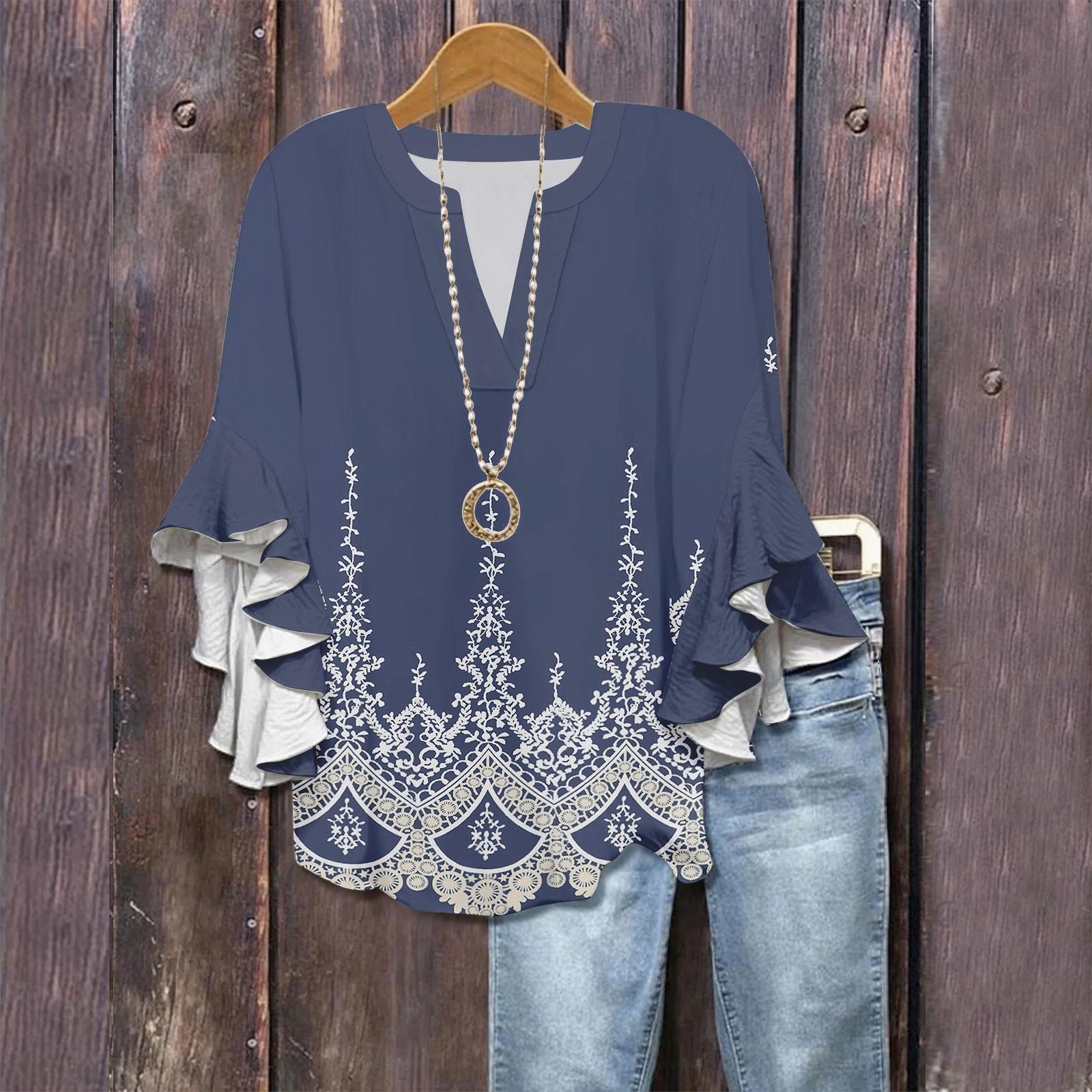 

Рубашки с рукавами 3/4 для женщин, симпатичные футболки с графическим принтом, блузки, повседневные, больших размеров, базовые топы с оборками на рукавах, пуловеры L синий