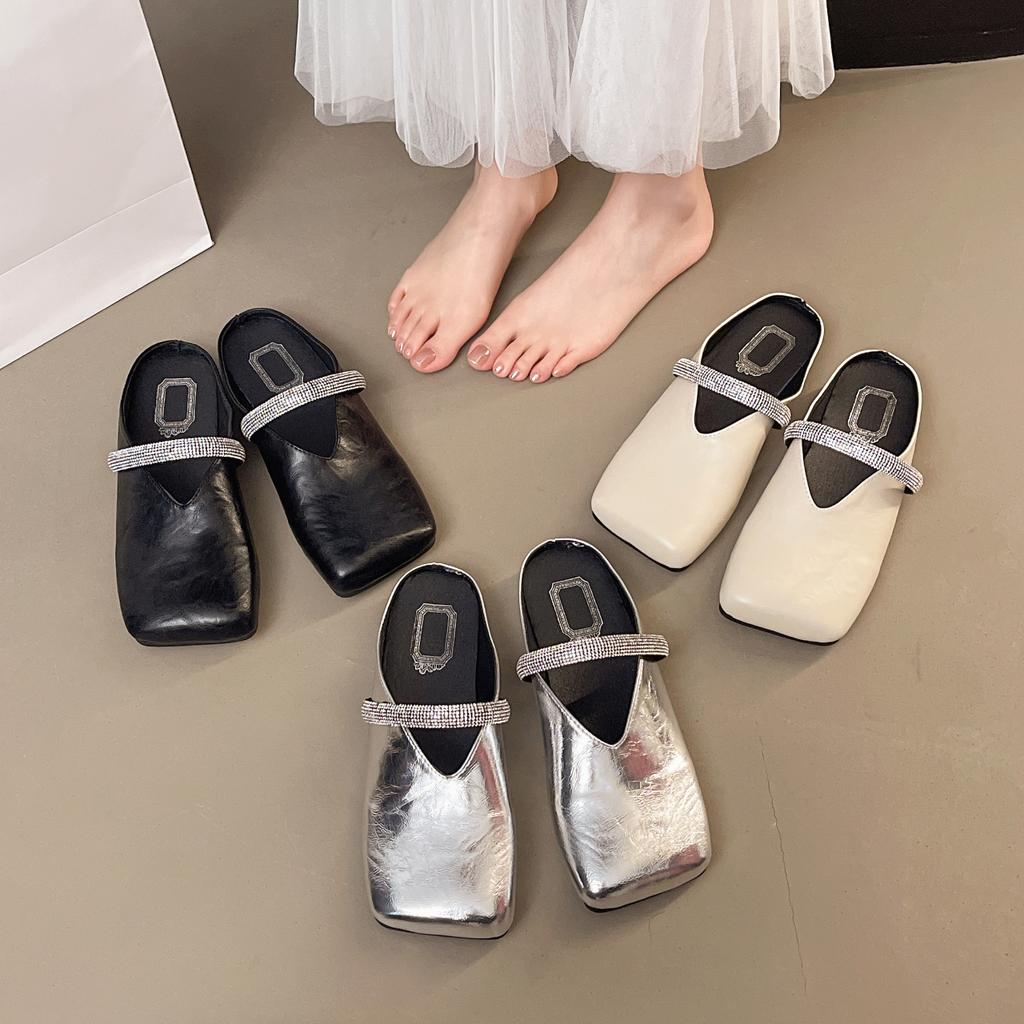 Bowknot Pearl Flat Bottom Baotou Half Slippers Women New Summer Shallow Mouth Mary Jane Single Shoes Casual Slides