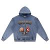 DTG print Knitted Denim Zip-Up Hoodie Brain & Heart Brother Print Zipper Hoodies  