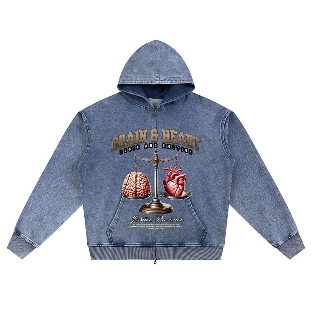 DTG print Knitted Denim Zip-Up Hoodie Brain & Heart Brother Print Zipper Hoodies