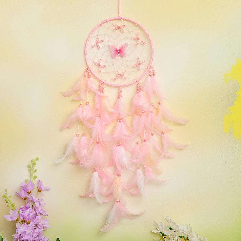 Łapacz Snów Elegancki Ręcznie Tkany Różowe Pióra Dzwonki Wiatrowe Wiszący na Ścianę Sypialnia Wiszące Ozdoby Urodzinowe Dekoracja Domu