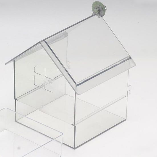 Pull-Out External Parrot Feeder Window Mounted Birds House with Two Food Slots Transparent Parrot House with Water Catcher Tray