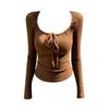 Koreanischer Stil Quadratischer Ausschnitt Langarm Enganliegend Geripptes T-Shirt für Damen - Herbst Winter Bindung Vielseitiges Oberteil