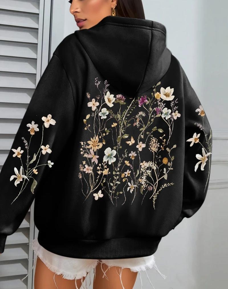 Damen Kapuzenpullover mit Blumen-Cluster-Print - Herbst Locker Lässig Fleece Pullover mit Taschen