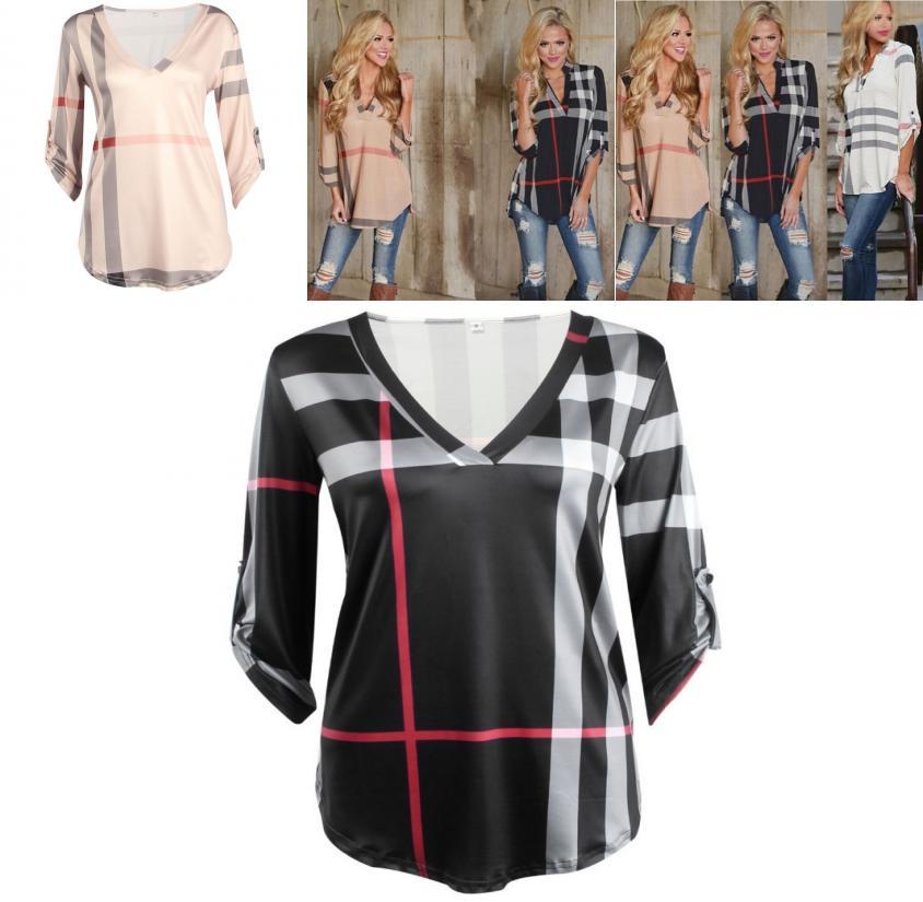 New Blouse Womens Striped Plaid Long Sleeve Ladies Top T Shirt Loose Casual Tops