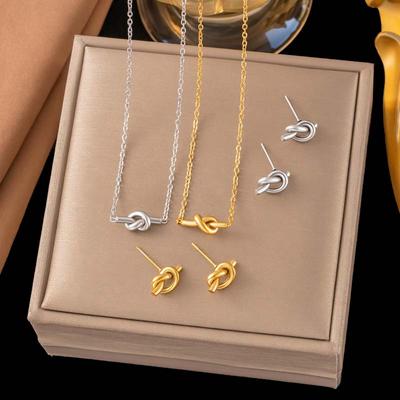 Stainless Steel Metal Knotted Stud Earrings Necklaces Set For Women Fashion Gold Color Clavicle Chain Necklace Party Zircon