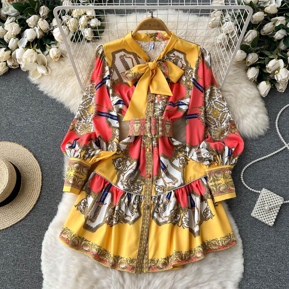 

Ins банкетное мини-короткое платье в стиле ретро с дворцовым принтом, женское весенне-осеннее модное однобортное элегантное вечернее платье с длинным рукавом