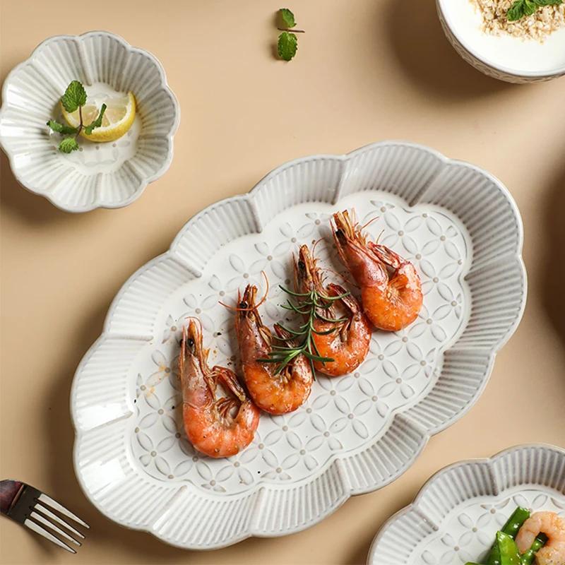 Creative Solid Color Relief Ceramic Plate Fashion Classic Irregular Steak Plates Delicious Dishes Soup Bowls Exquisite Tableware