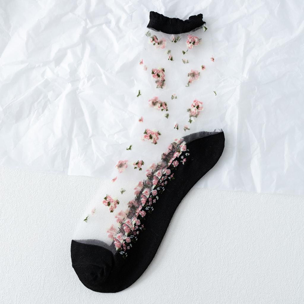5 Paare Damen Blumen Socken Sommer Spitze Kristall Glasseide Socken Kurz Dünn Transparent Rosen Jacquard Elastische Ultradünne Socken