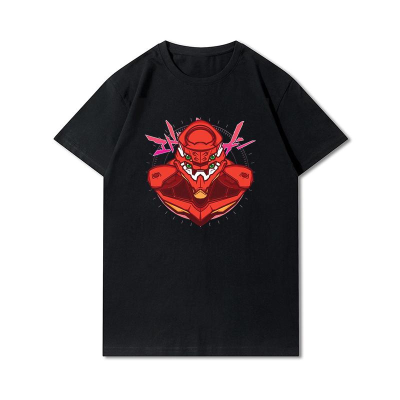 Plus Size Anime Evangelion Printed Unisex T Shirts Round Neck Cotton Tops Summer Casual Black Tees
