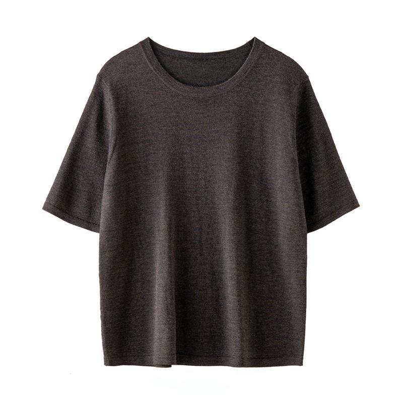 Yangzi 100% Wool Women's Slimming Short Sleeve Knit Shirt - Spring/Summer Round Neck Fashion.