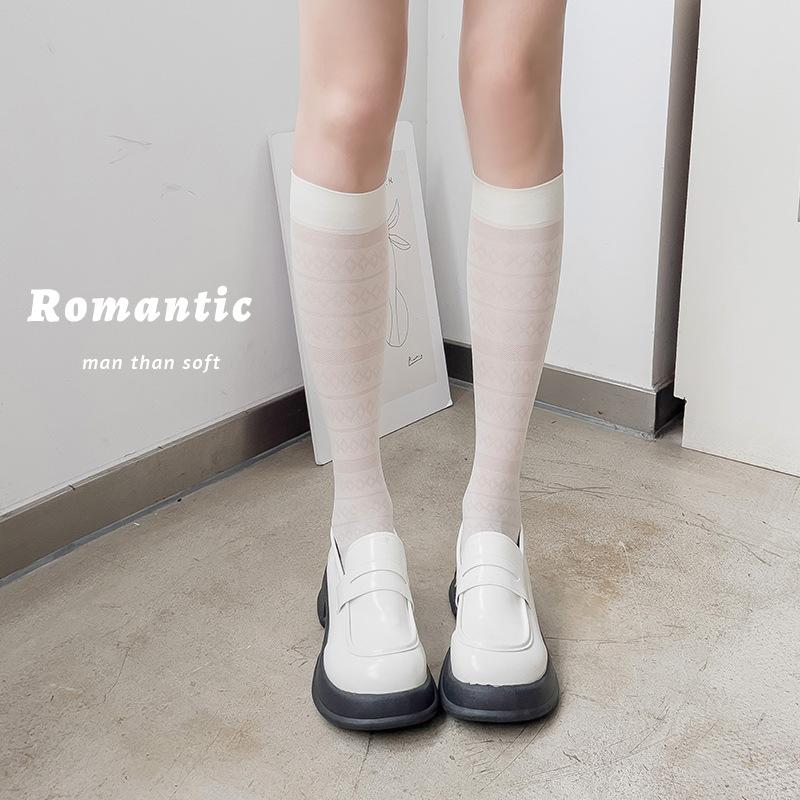 Women's Summer Thin Mesh Horizontal Stripe Lace Calf Socks