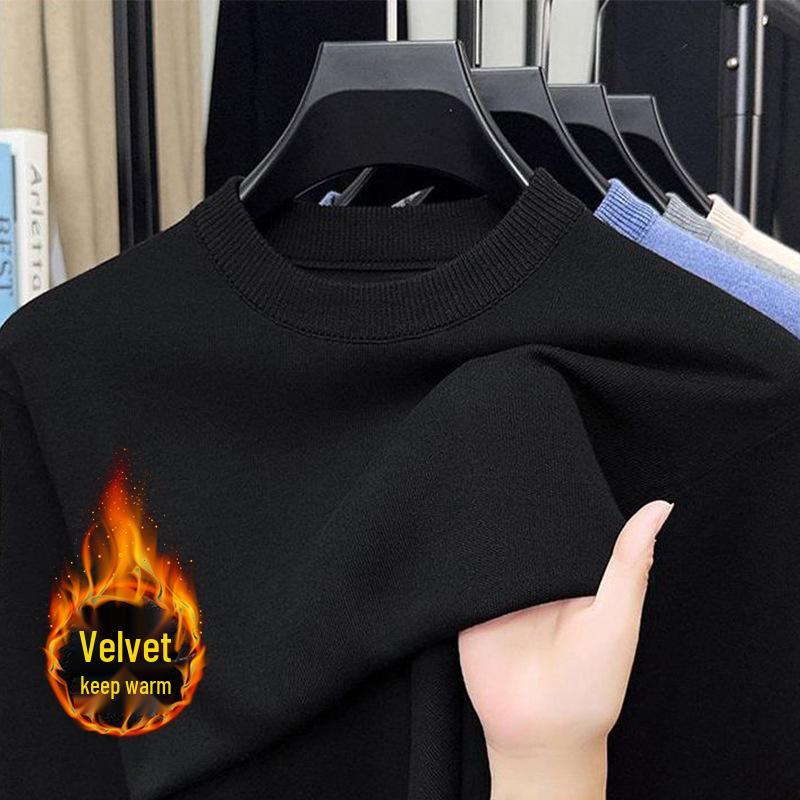 Men's Velvet Knitted Round Neck Sweater - Thick Warm Base Layer for Autumn/Winter.
