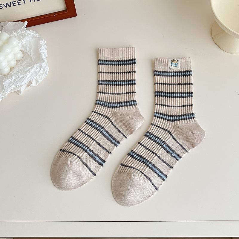 Greyish-blue Striped Women's Mid-calf Socks for Autumn and Winter, Warm, Thick and Cute Lace Trendy Long Calf Socks