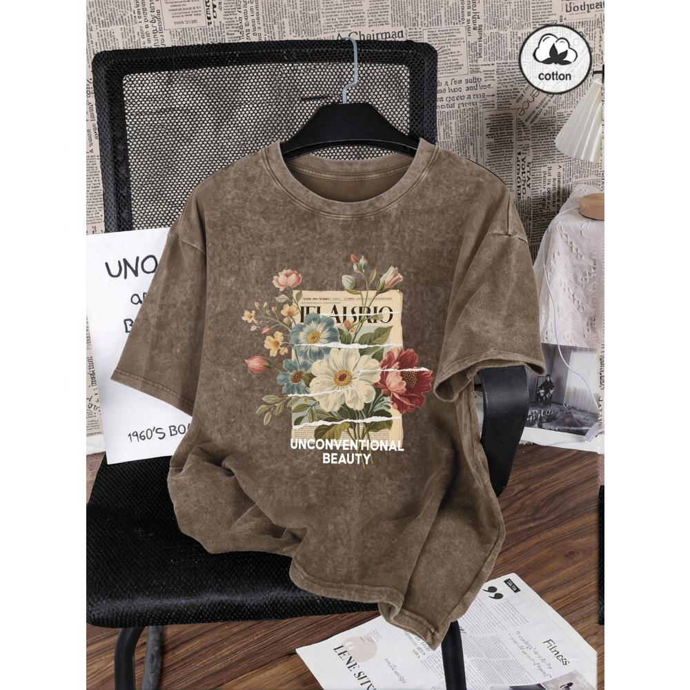 Unkonventionelle Schönheit Blumenprint Gewaschene T-Shirts Baumwolle All-Match Damen T-Shirt Y2K Lockere Kleidung Sport Kurzarm