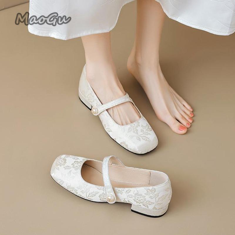 Fashion Elegant Square Toe Low Heel Pumps Women's Thick Heeled Chinese Style Mary Jane Shoes Shallow Mouth Comfortable Shoes for Women