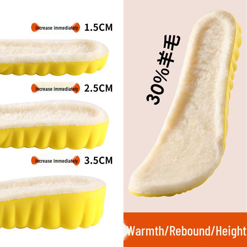 Thickened Warm Wool Height-Increasing Insoles: Breathable, Sweat-Absorbent, Shock-Absorbing, Soft, Comfortable for Men & Women.