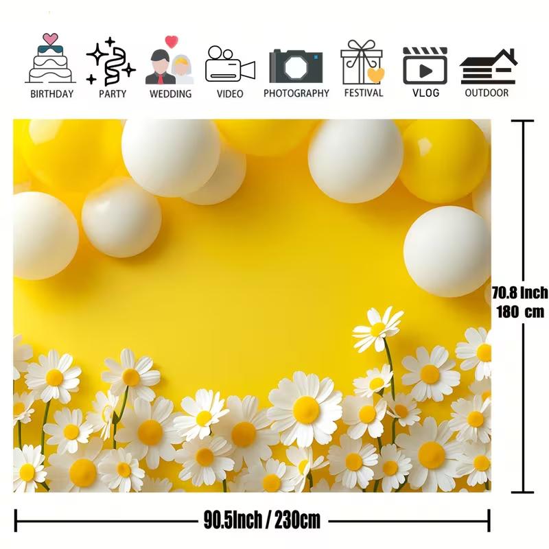 Lebendiger Gelber Gänseblümchen- und Luftballon-Hintergrund, Florale Szene, Fotografie-Hintergrundtuch