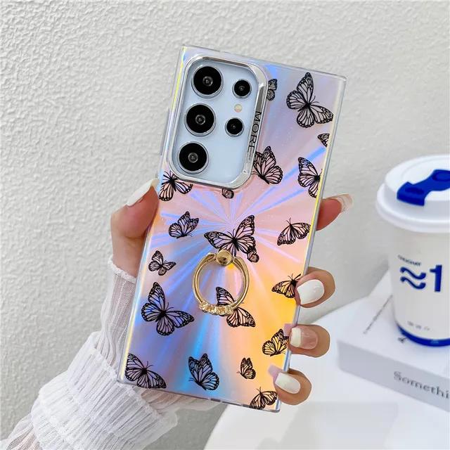 Fashion Ring Holder Butterfly Raser Electroplated Phone Case for Samsung S24 S23 FE S22 Ultra A55 A35 A25 A15 A54 A14 A34