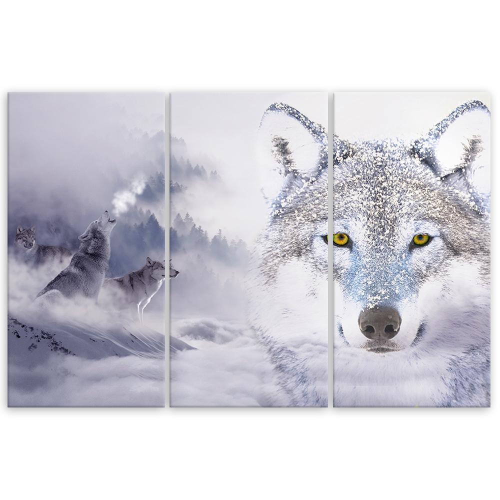Three Piece Picture Canvas Print Wolf Forest Fog Nature Grey