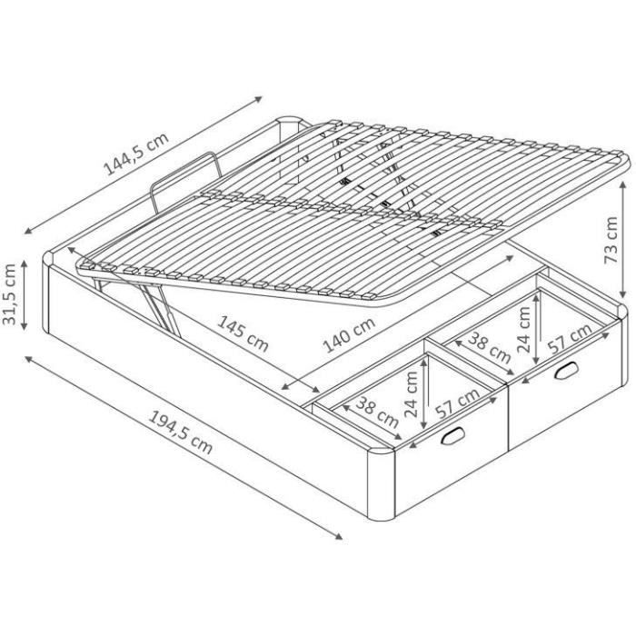 Adult Storage Bed - 140x190 Cm Bed - 2 Front Drawers - Made In Spain