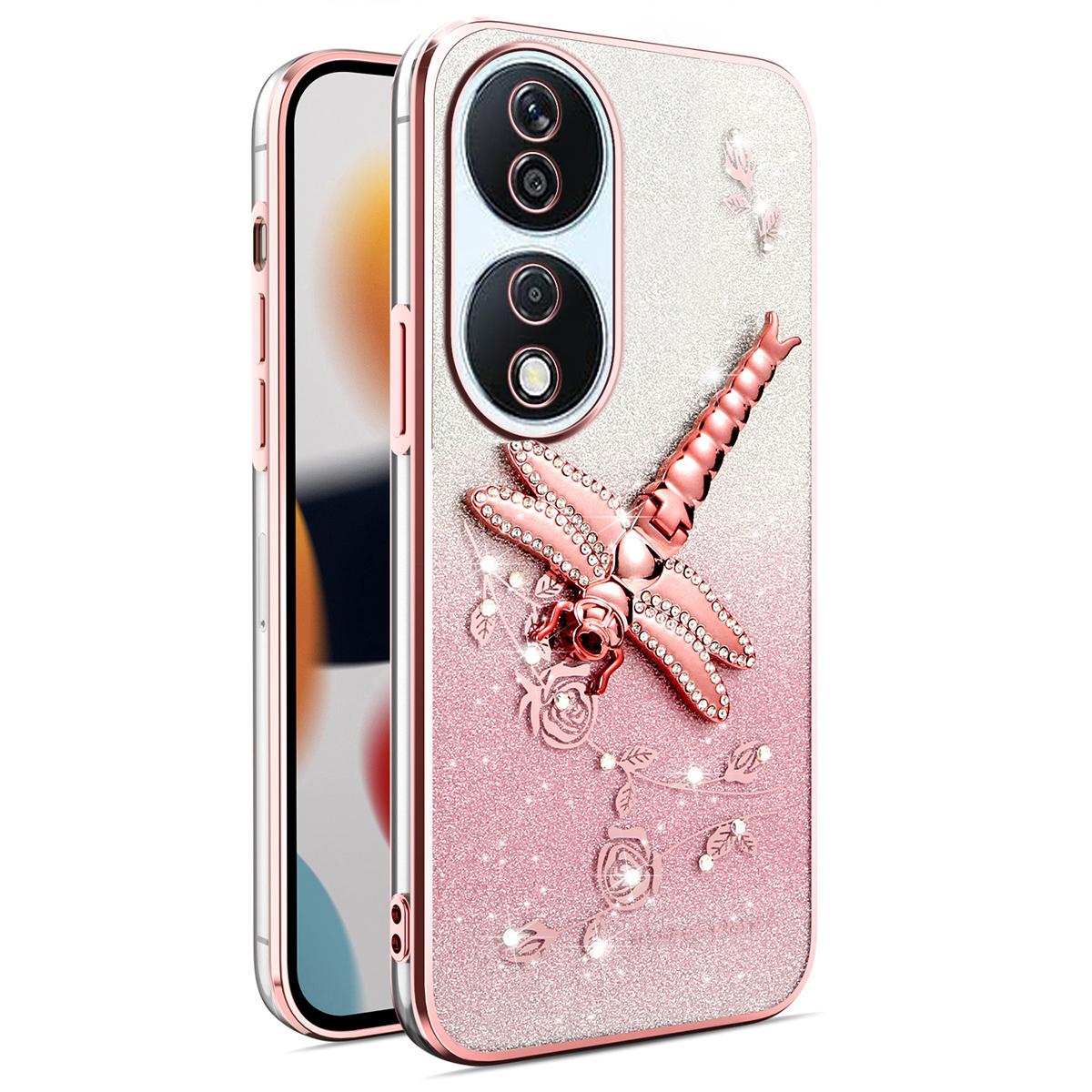 

KADEM For Honor X7b 4G/90 Smart Case Dragonfly Kickstand TPU Flowers Glitter Phone Cover Pink