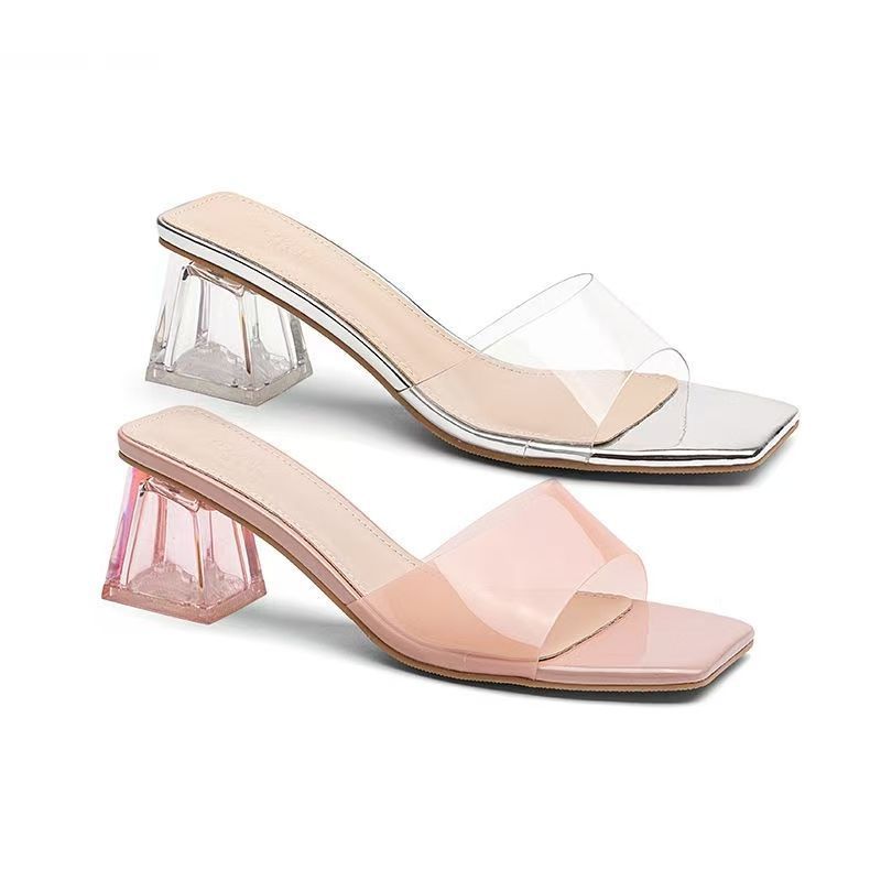

Square head crystal nude summer new wear transparent slippers women s word sandals high heels 37