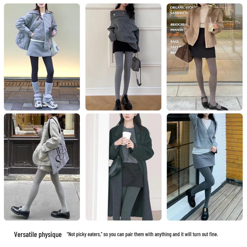 Thin Stripe Slim-Fit Fleece-Lined Women's High-Waist Grey Tights for Autumn & Winter, Non-Shedding