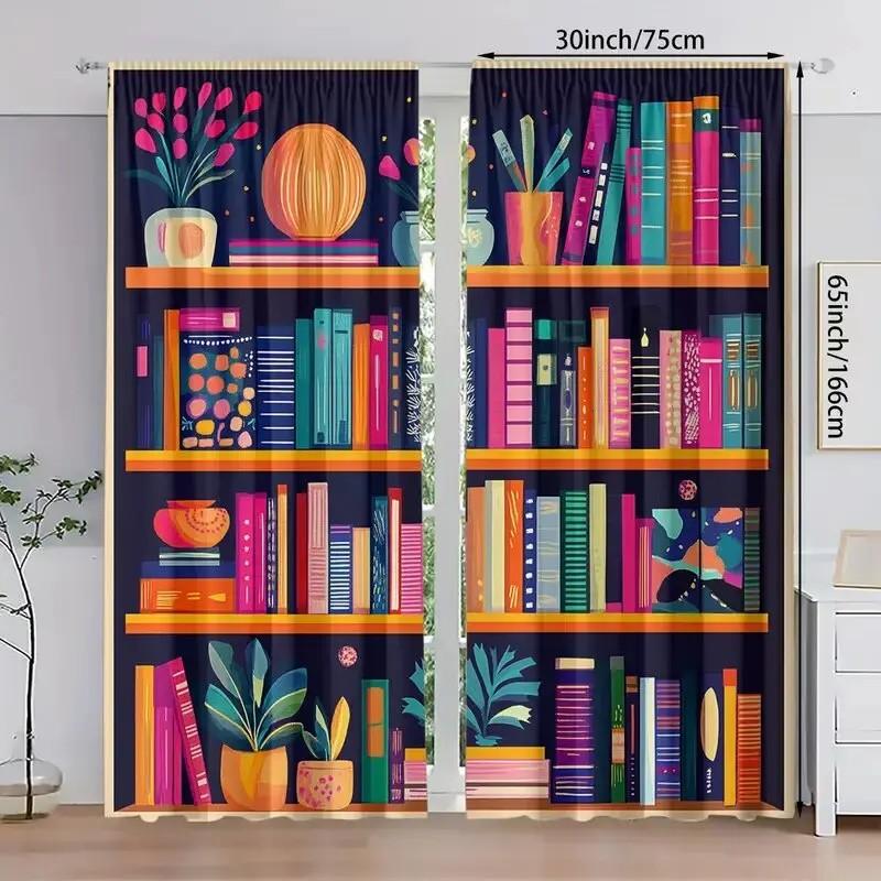 Set Of 2 Jit Colorful Bookshelf Pattern Curtains Design Polyester Curtain Home Decor Window Living Room Darkening With Rod Pocket
