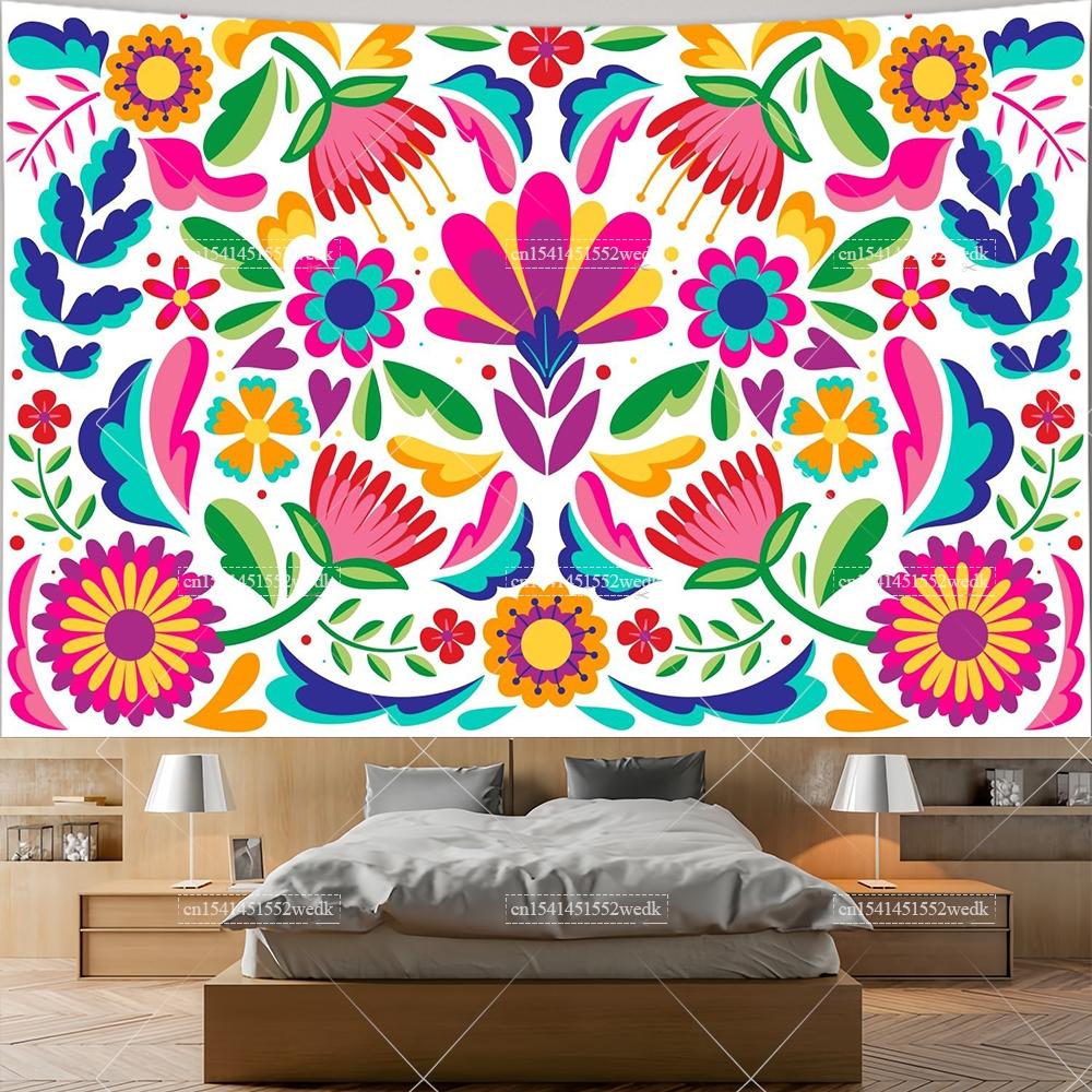 Mexiko Blumenteppich Mexikanische Pflanze Blumen Stickerei Ethnisch Otomi Vögel Wandteppiche Ästhetische Raumdeko Illustrationen Hintergrund