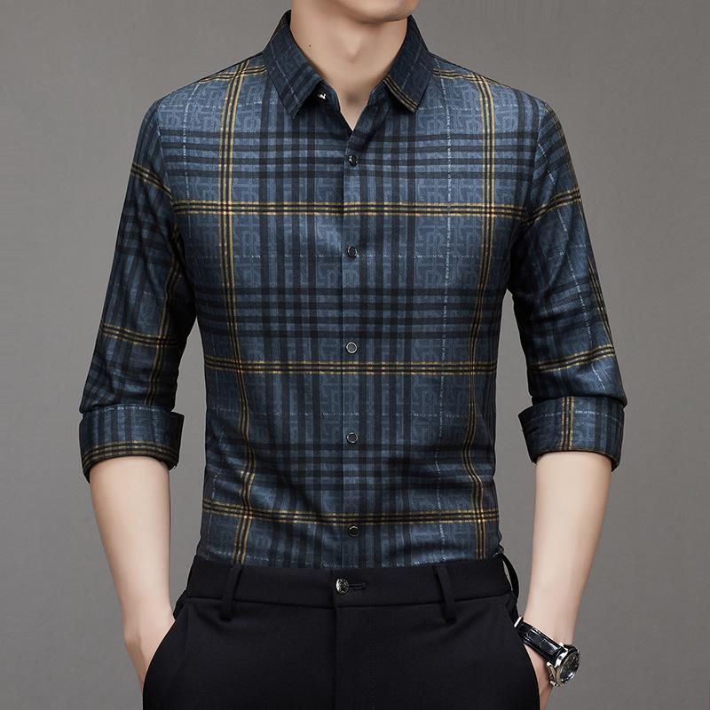 Pánská košile s dlouhým rukávem Volná Jarní a podzimní Nová pánská kostkovaná košile Nežehlivá Strečová košile