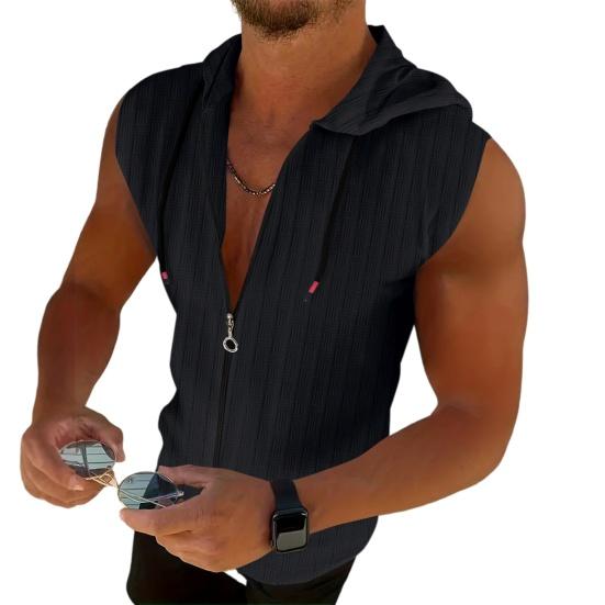 Men Hooded Zip-up T-Shirt Jacquard Sleeveless Hoodie Tee Stylish Textured Summer Tank Top for Gym Street Party Holiday S чёрный