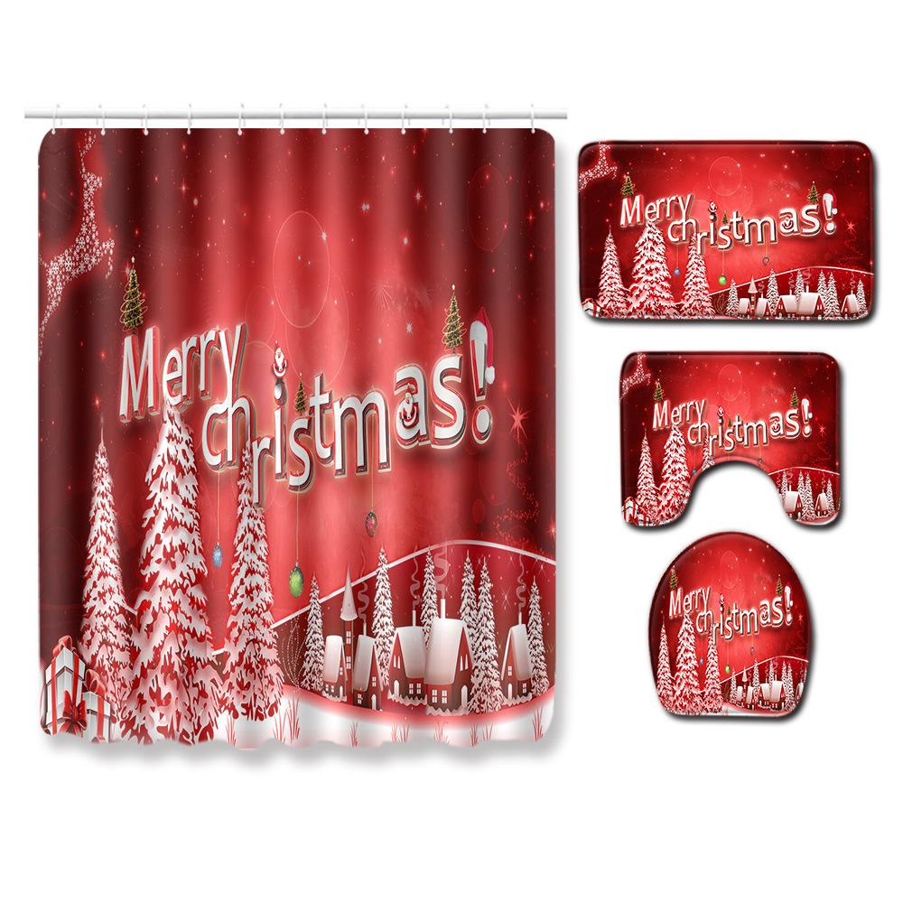 Christmas Shower Curtain Floor Mat Combination Four-Piece Set Bathroom Toilet Non-Slip Carpet Shower Room Absorbent Door Mat