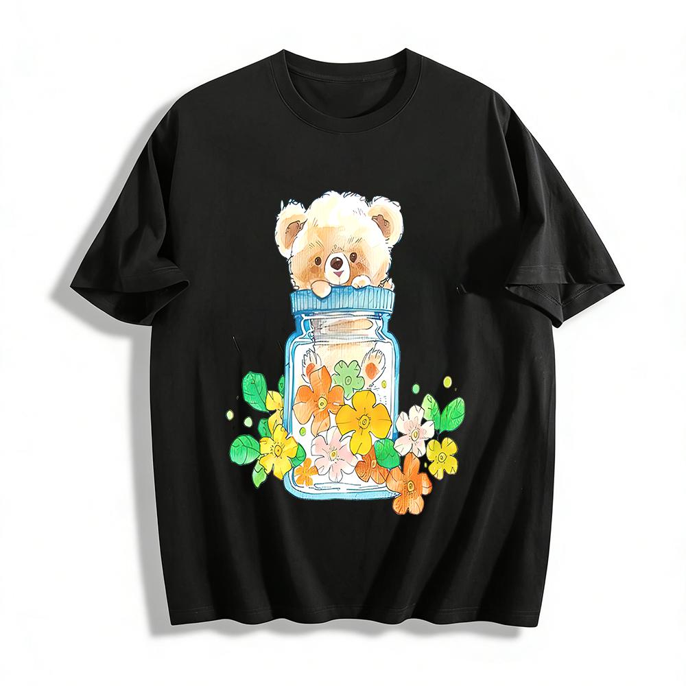

Cute Bear & Flower Jar Print Short Sleeve T-shirt Unisex Casual Crew Neck Top with Whimsical Vibe Pure cotton T-shirt XXS