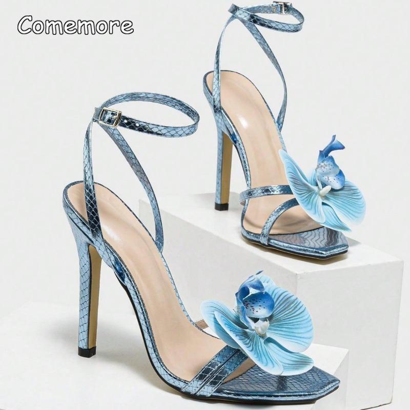Women's Floral Heels Cross Ankle Strap Square Toe Stiletto Heeled Sandals Ladies Party Dress Shoes Zapatos De Mujer Blue Size 35