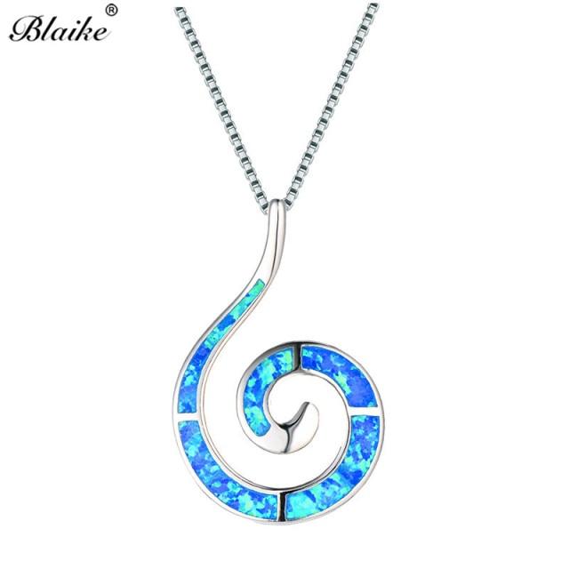 Blaike Ozeanblau Weißes Feueropal Für Frauen Muschel Anhänger Wellen Halsketten Farbe Spirale Choker Weiblicher Feinschmuck Trendiger Anhänger