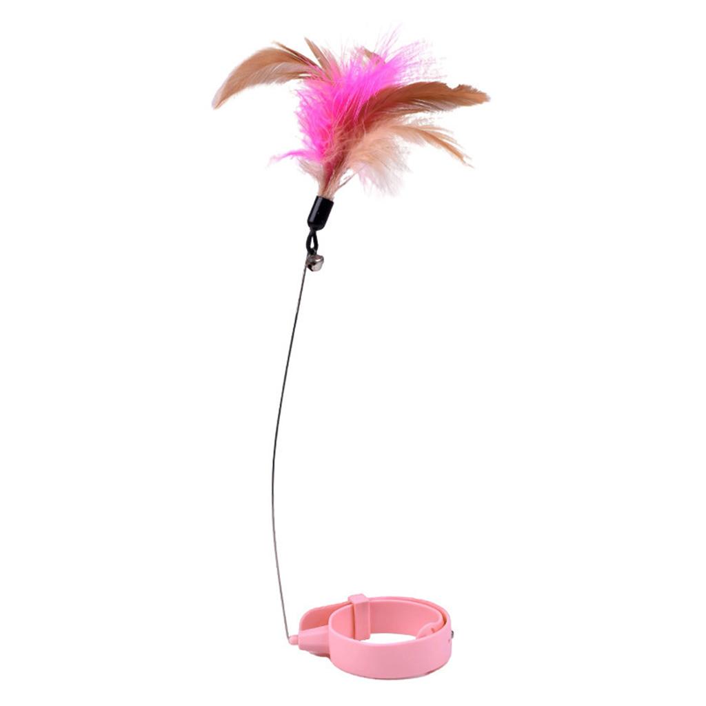 Cat Feather Collar Toys Adjustable Flexible Funny Interactive Cat Feather Wand Collar with Bell for Cat Indoor Play Pink