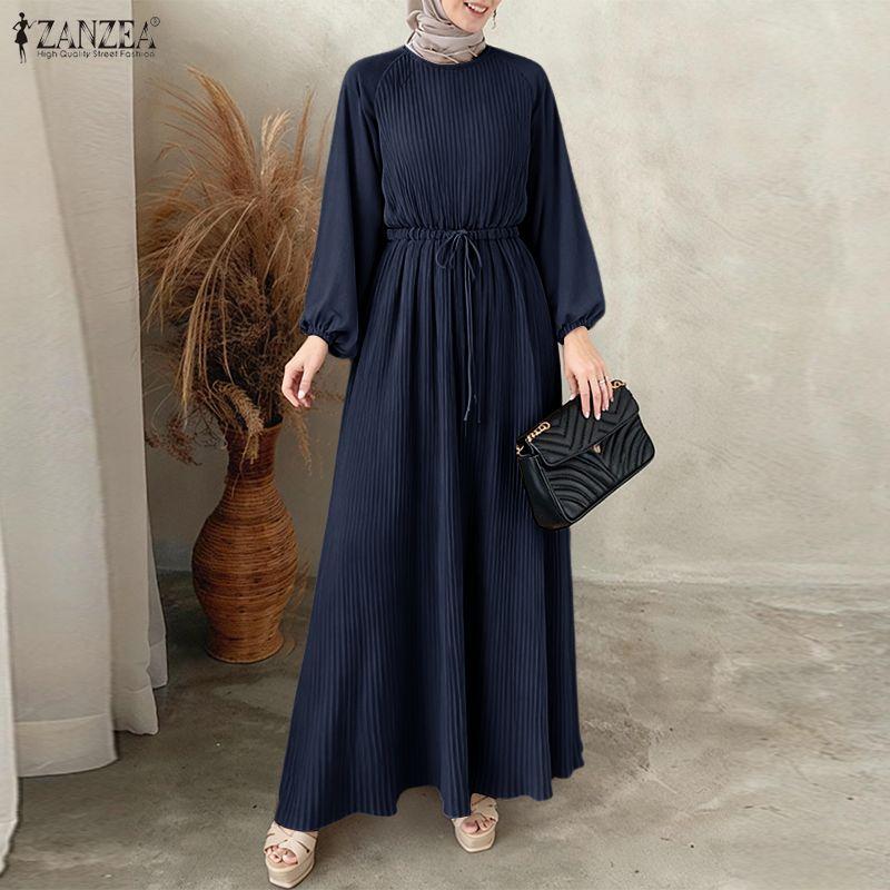 ZANZEA Abito casual da donna con scollo rotondo e maniche lunghe, ampio e plissettato