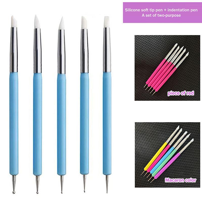 5Pcs Stainless Steel Dotting Tools Marbleizing Painting Pens 2 Way Nail Art Acrylic Silicone Point Flower Nail Pen