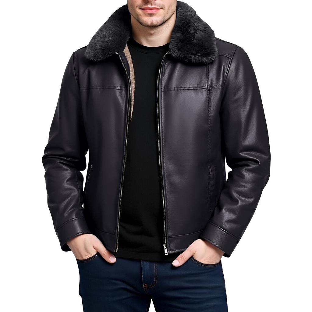 Men's Winter Solid Color Plus Velvet Leather Jacket Men's Casual Jacket