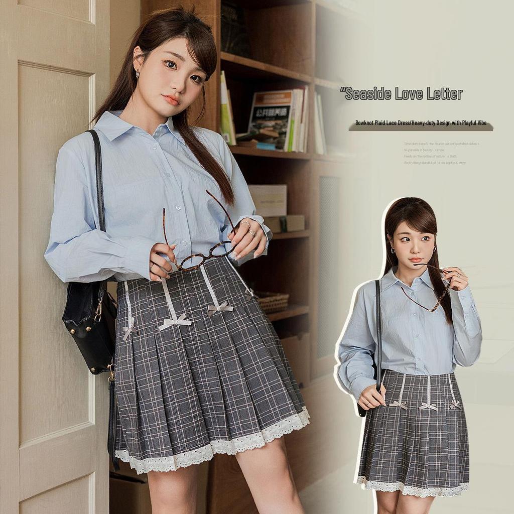 Korean Plaid Bow Smocked Midi Skirt - Plus Size High Waist Slimming Pleated Skirt