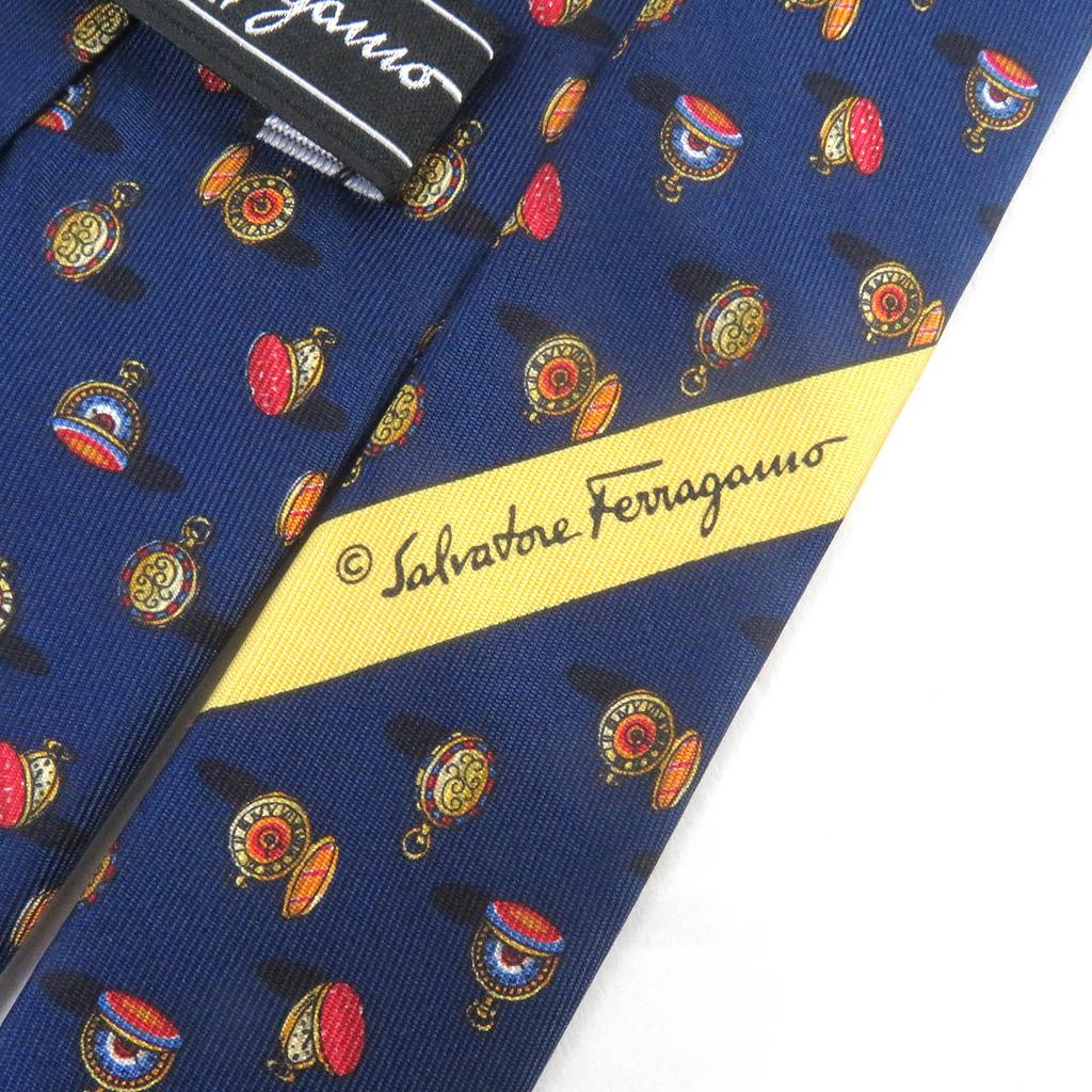 Salvatore Ferragamo tie Pocket watch all-over pattern wide tie Navy silk mens Used