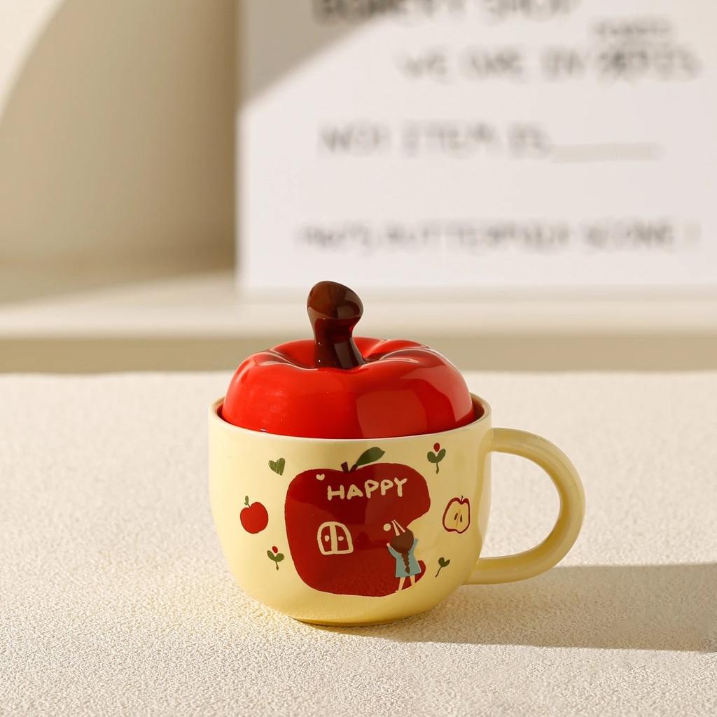 Niedliche Apfel-Keramiktasse mit Deckel Löffel Geschenkbox Kreative Haushalts-Wassertasse für Mädchen Super süße Souvenir-Geschenktasse