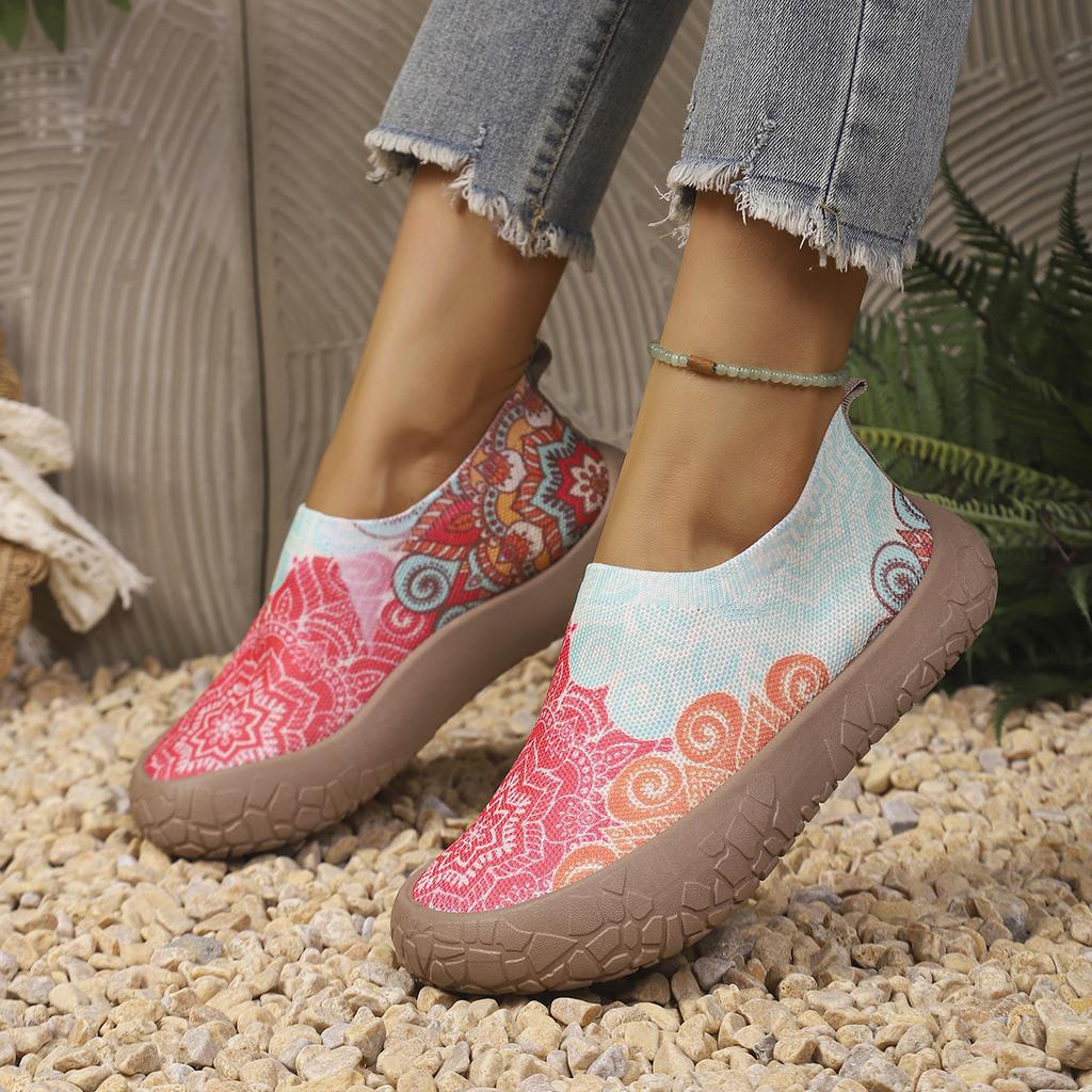 Mandala Floral Print Women Slip On Sneakers 4cm Thick Platform Sole Breathable Knit Non Slip Casual Walking Lazy Shoes