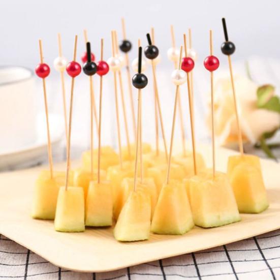 100Pcs/Bag Bamboo Stick Anti-crack Food Grade Smooth Wooden Bead Design Disposable Food Stick for Kitchen