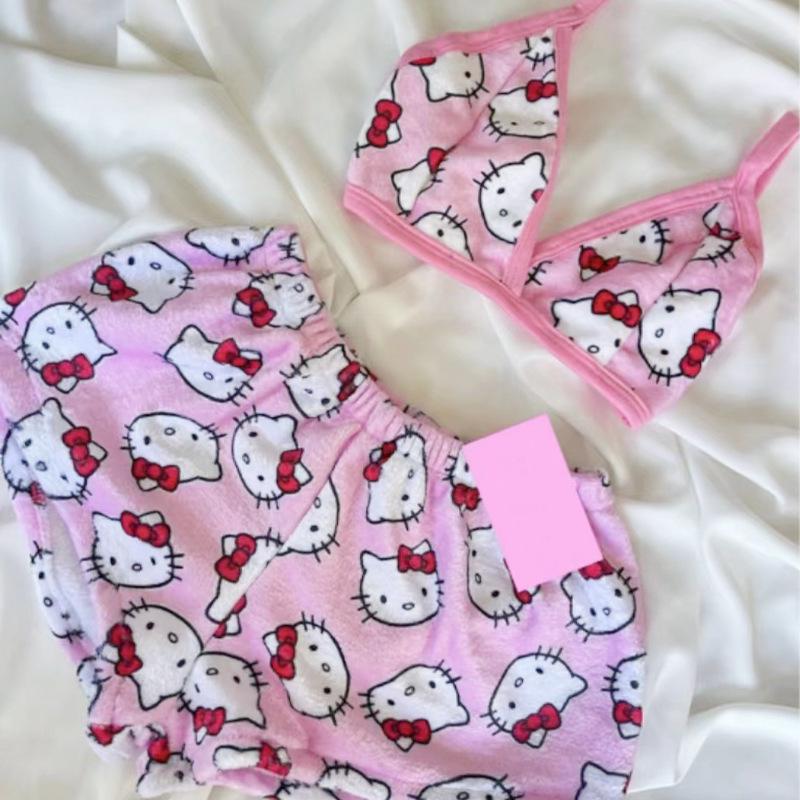 Women s Cartoon Cat Pajama Set - Vest & Shorts Loungewear M розовый